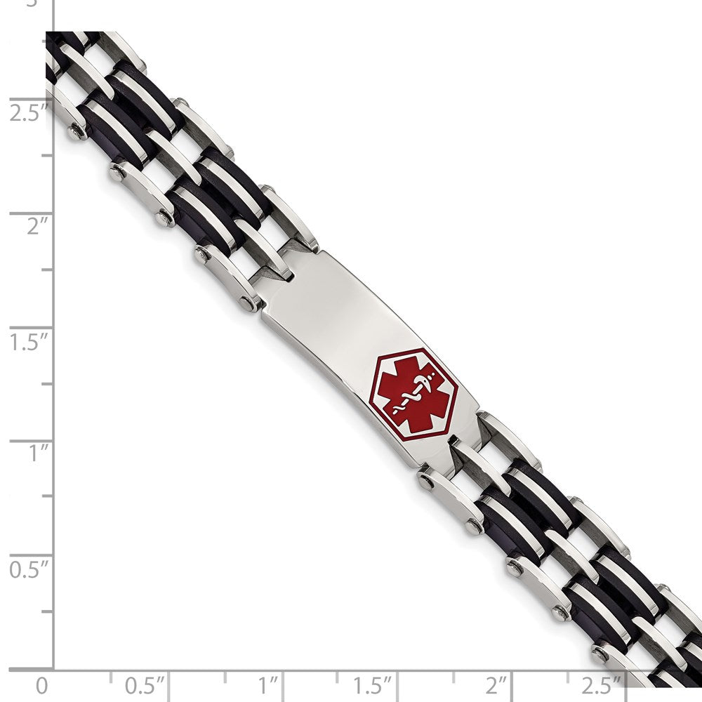 Stainless Steel Chisel Polished With Red Enamel And Black Rubber Medical Id 8.25 Inch Link Bracelet