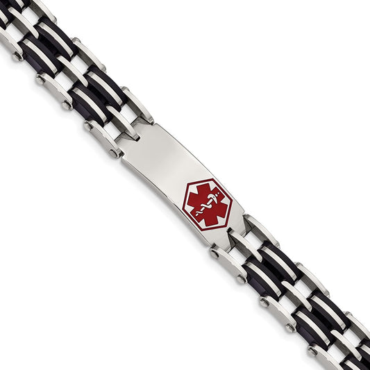 Stainless Steel Chisel Polished With Red Enamel And Black Rubber Medical Id 8.25 Inch Link Bracelet