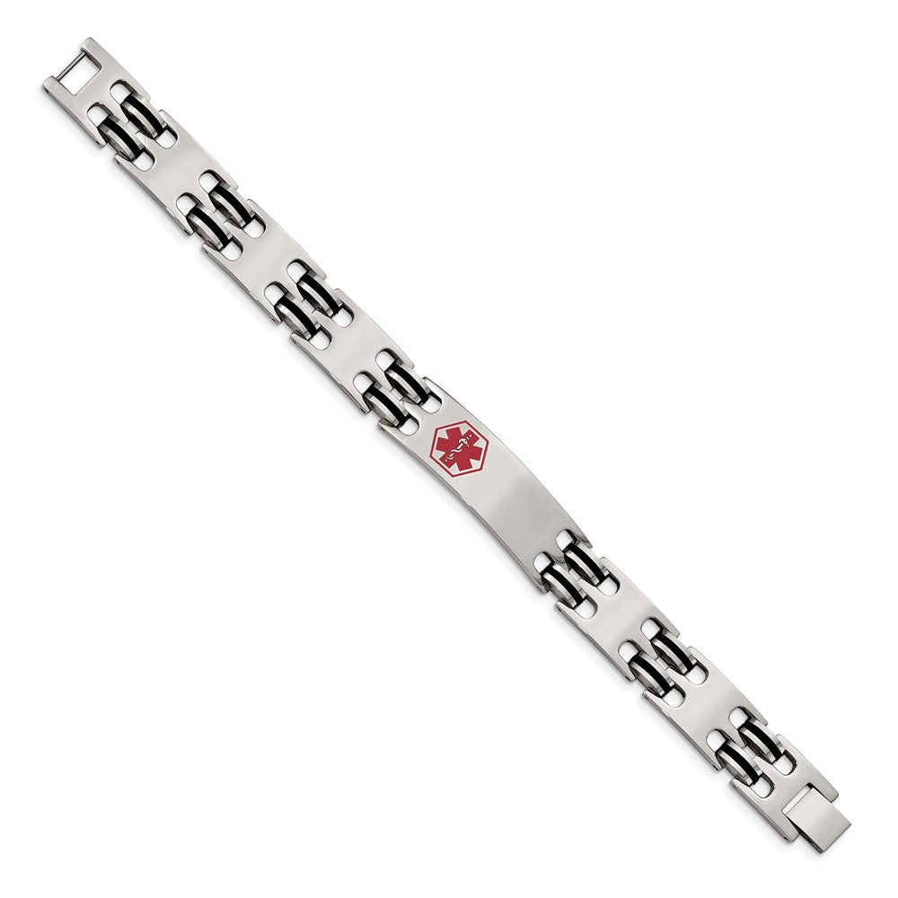 Stainless Steel Chisel Polished With Red Enamel And Black Rubber Medical Id 8.25 Inch Bracelet