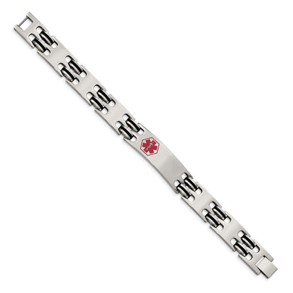 Stainless Steel Chisel Polished With Red Enamel And Black Rubber Medical Id 8.25 Inch Bracelet