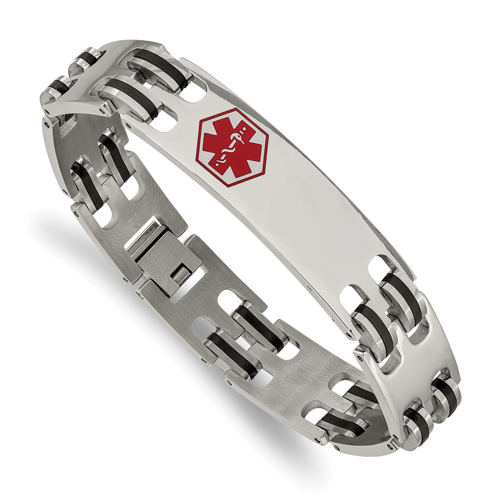 Stainless Steel Chisel Polished With Red Enamel And Black Rubber Medical Id 8.25 Inch Bracelet