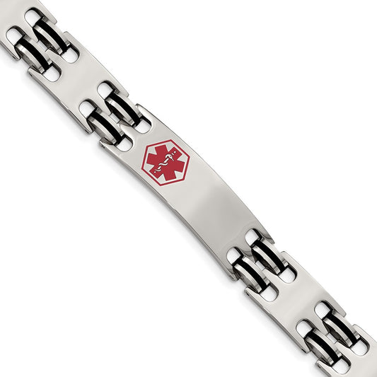 Stainless Steel Chisel Polished With Red Enamel And Black Rubber Medical Id 8.25 Inch Bracelet