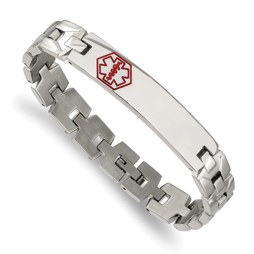 Stainless Steel Chisel Brushed And Polished With Red Enamel Medical Id 8 Inch Link Bracelet