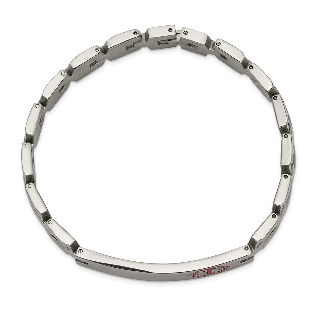Stainless Steel Chisel Brushed And Polished With Red Enamel Medical Id 8 Inch Link Bracelet
