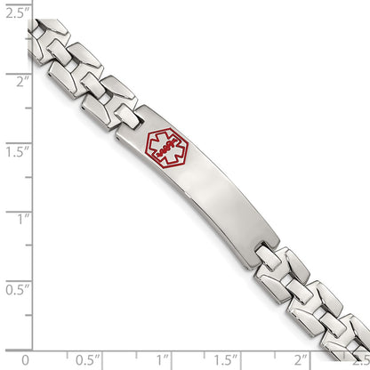 Stainless Steel Chisel Brushed And Polished With Red Enamel Medical Id 8 Inch Link Bracelet