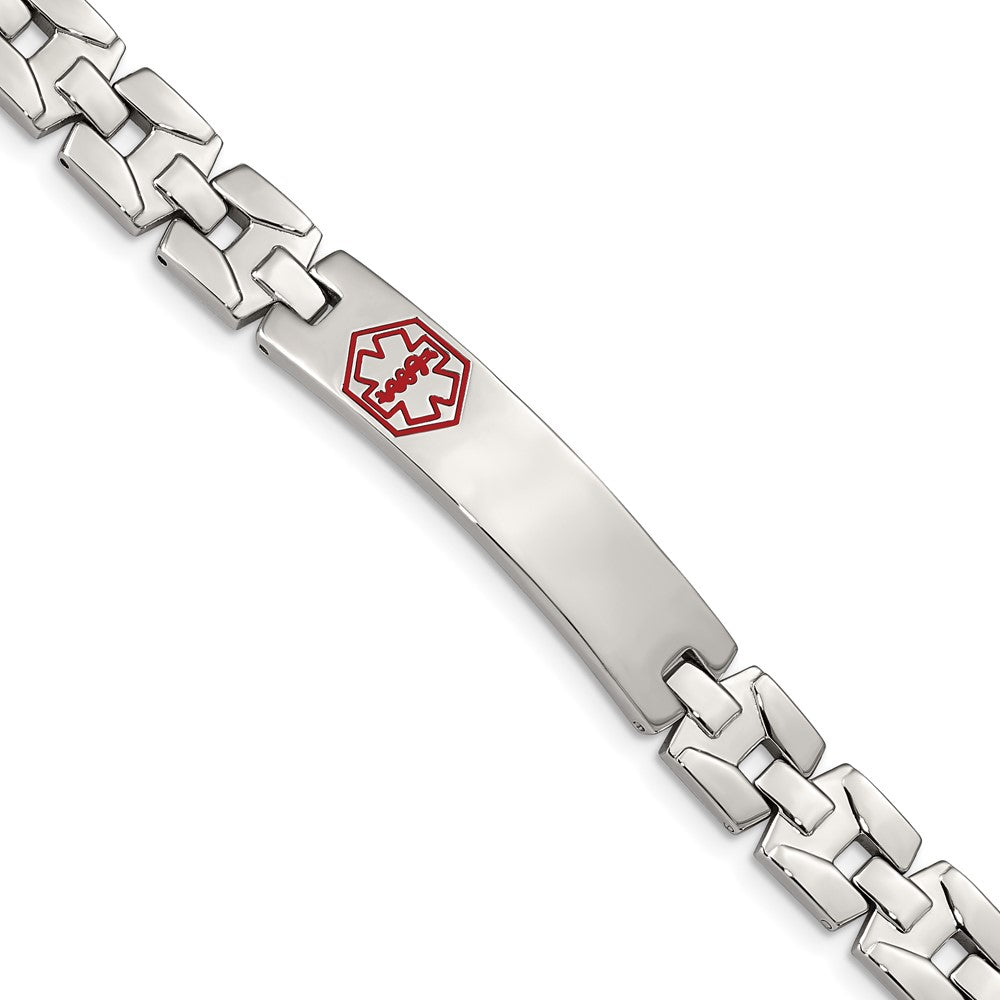 Stainless Steel Chisel Brushed And Polished With Red Enamel Medical Id 8 Inch Link Bracelet