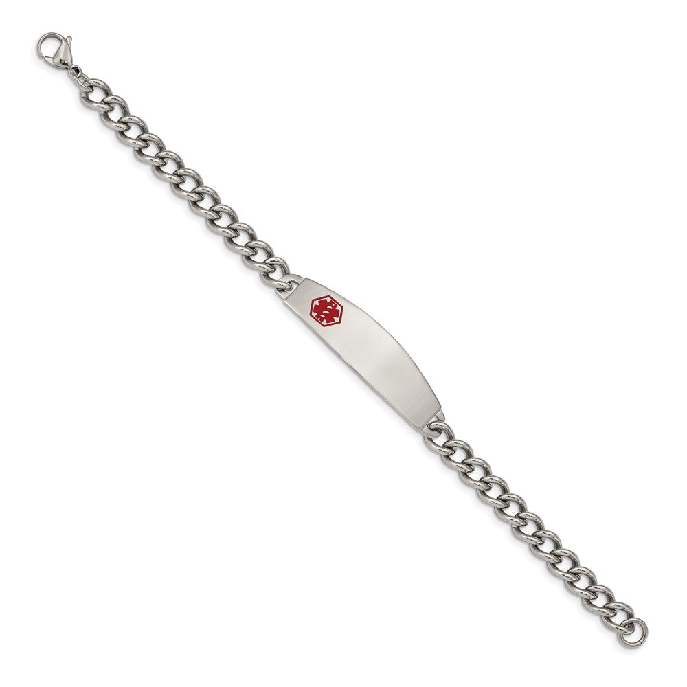 Stainless Steel Chisel Polished With Red Enamel Medical Id 8.5 Inch Curb Chain Bracelet