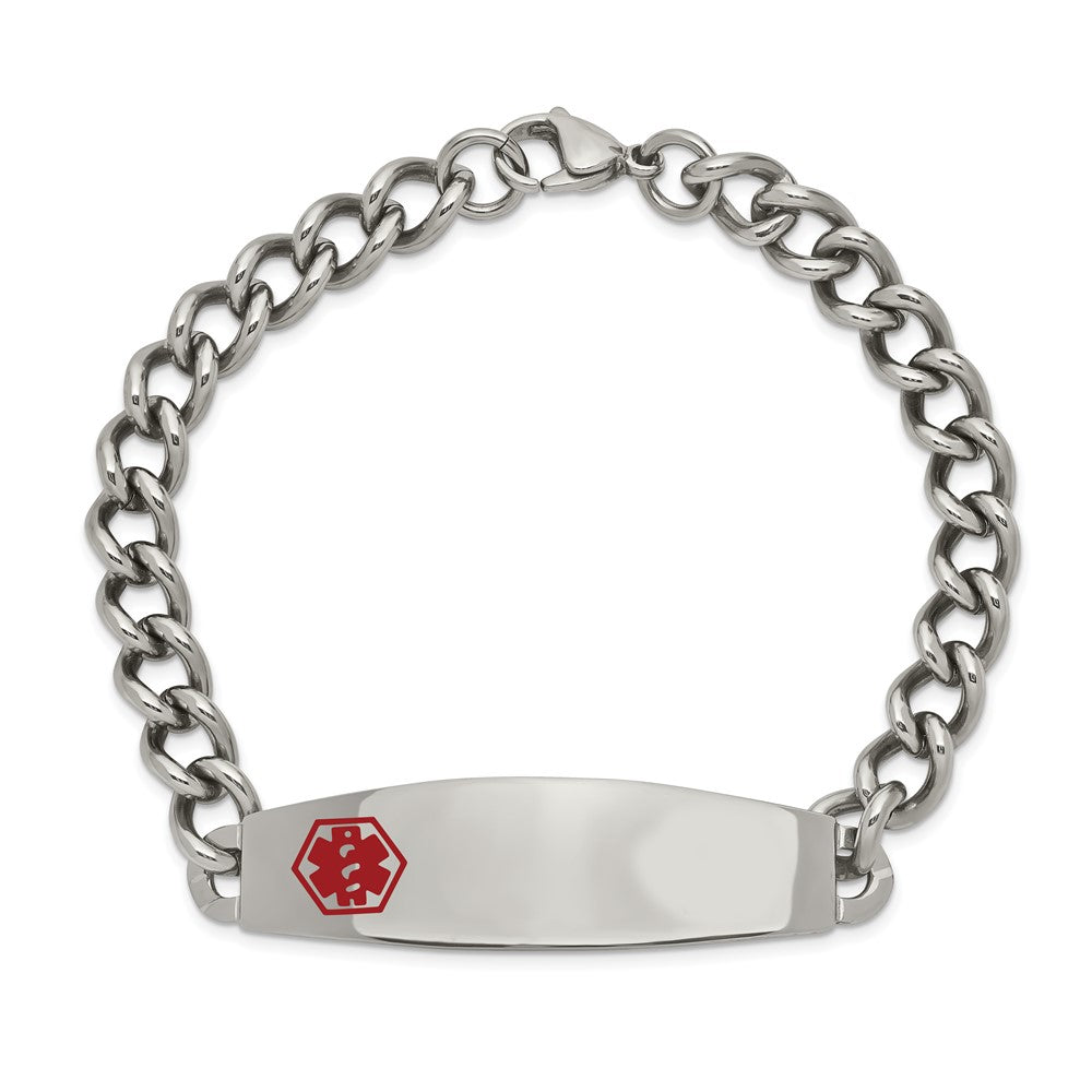Stainless Steel Chisel Polished With Red Enamel Medical Id 8.5 Inch Curb Chain Bracelet