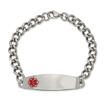Stainless Steel Chisel Polished With Red Enamel Medical Id 8.5 Inch Curb Chain Bracelet