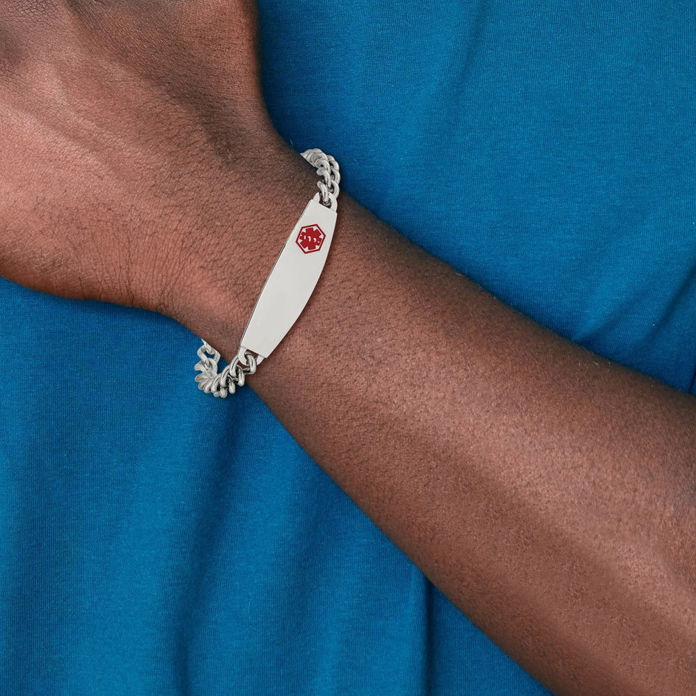 Stainless Steel Chisel Polished With Red Enamel Medical Id 8.5 Inch Curb Chain Bracelet