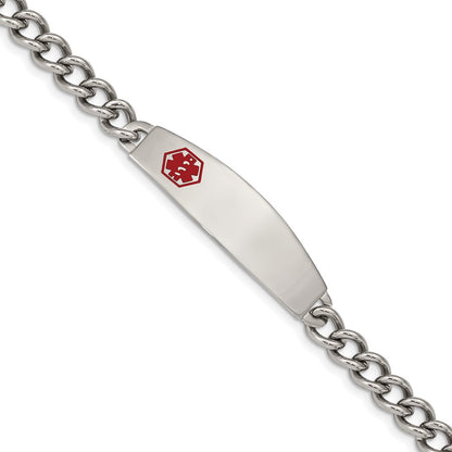 Stainless Steel Chisel Polished With Red Enamel Medical Id 8.5 Inch Curb Chain Bracelet