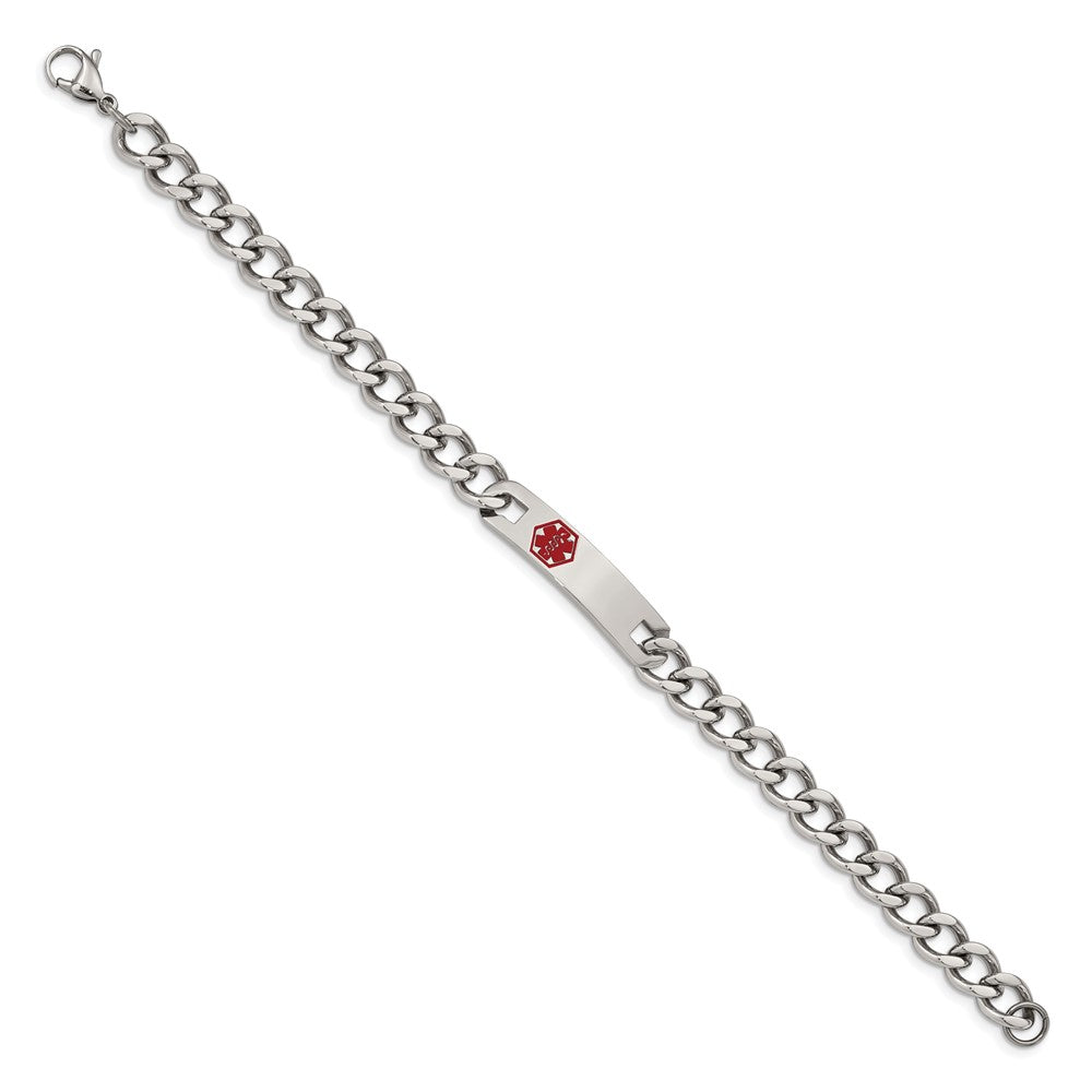 Stainless Steel Chisel Polished With Red Enamel Medical Id 9.5 Inch Curb Chain Bracelet