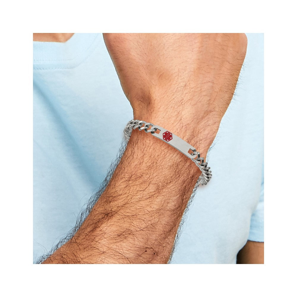 Stainless Steel Chisel Polished With Red Enamel Medical Id 9.5 Inch Curb Chain Bracelet