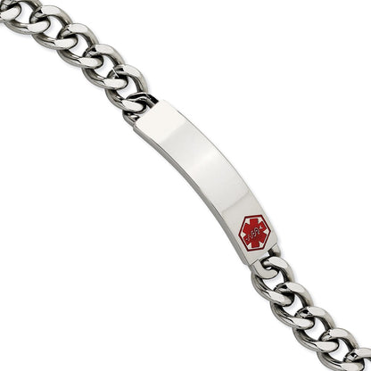 Stainless Steel Chisel Polished With Red Enamel Medical Id 9.5 Inch Curb Chain Bracelet
