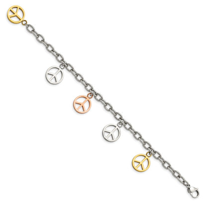 Stainless Steel Chisel Polished Rose And Yellow Ip-Plated Peace Sign Charms 8.5 Inch Bracelet
