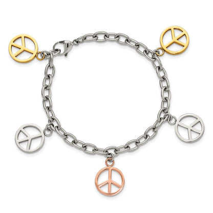 Stainless Steel Chisel Polished Rose And Yellow Ip-Plated Peace Sign Charms 8.5 Inch Bracelet