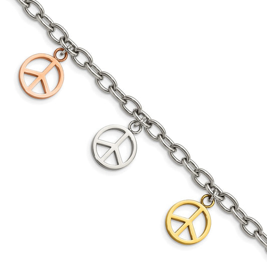 Stainless Steel Chisel Polished Rose And Yellow Ip-Plated Peace Sign Charms 8.5 Inch Bracelet