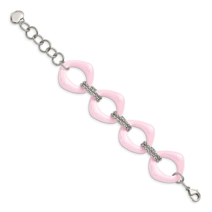 Stainless Steel Chisel Polished With Pink Ceramic 8 Inch Open Link Bracelet
