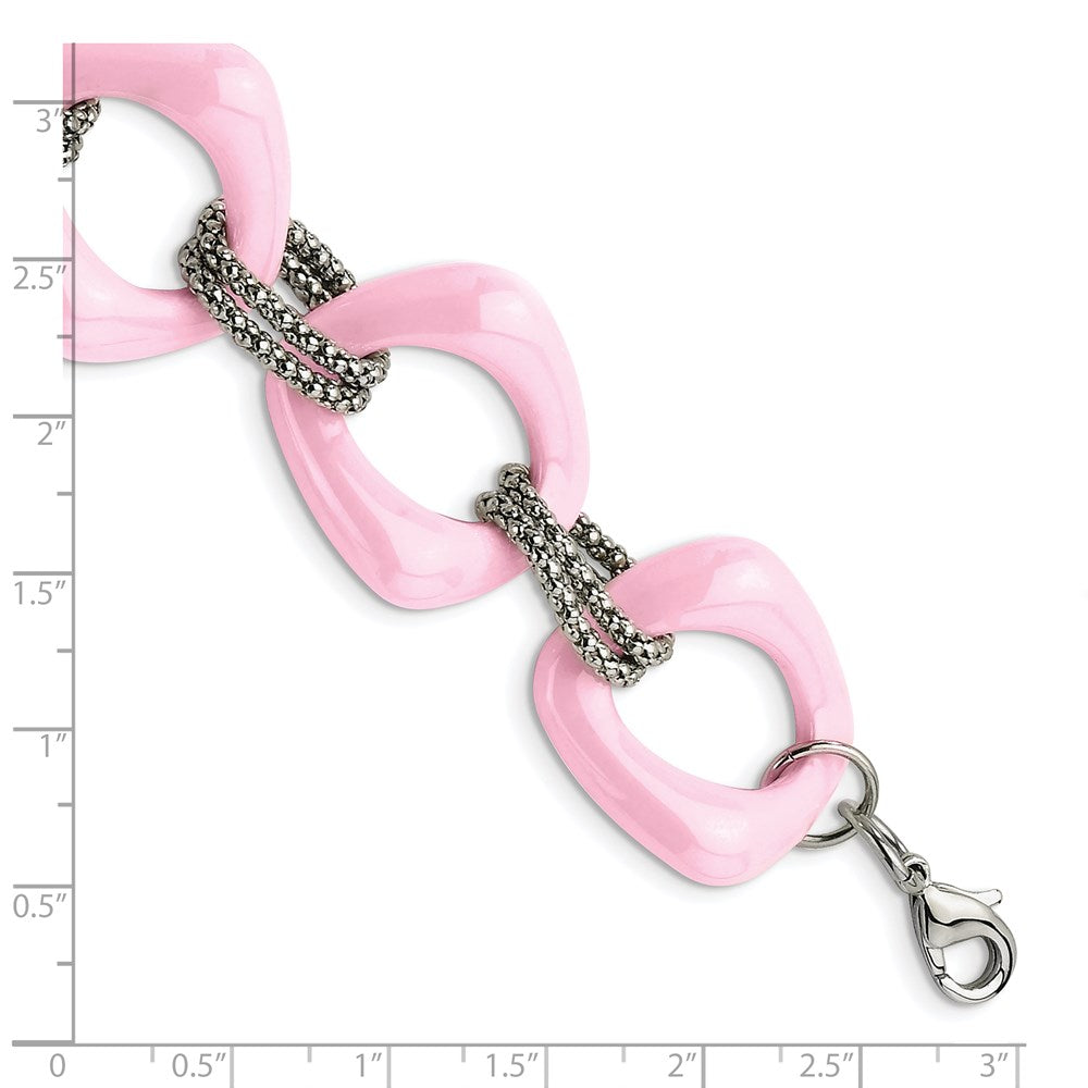 Stainless Steel Chisel Polished With Pink Ceramic 8 Inch Open Link Bracelet