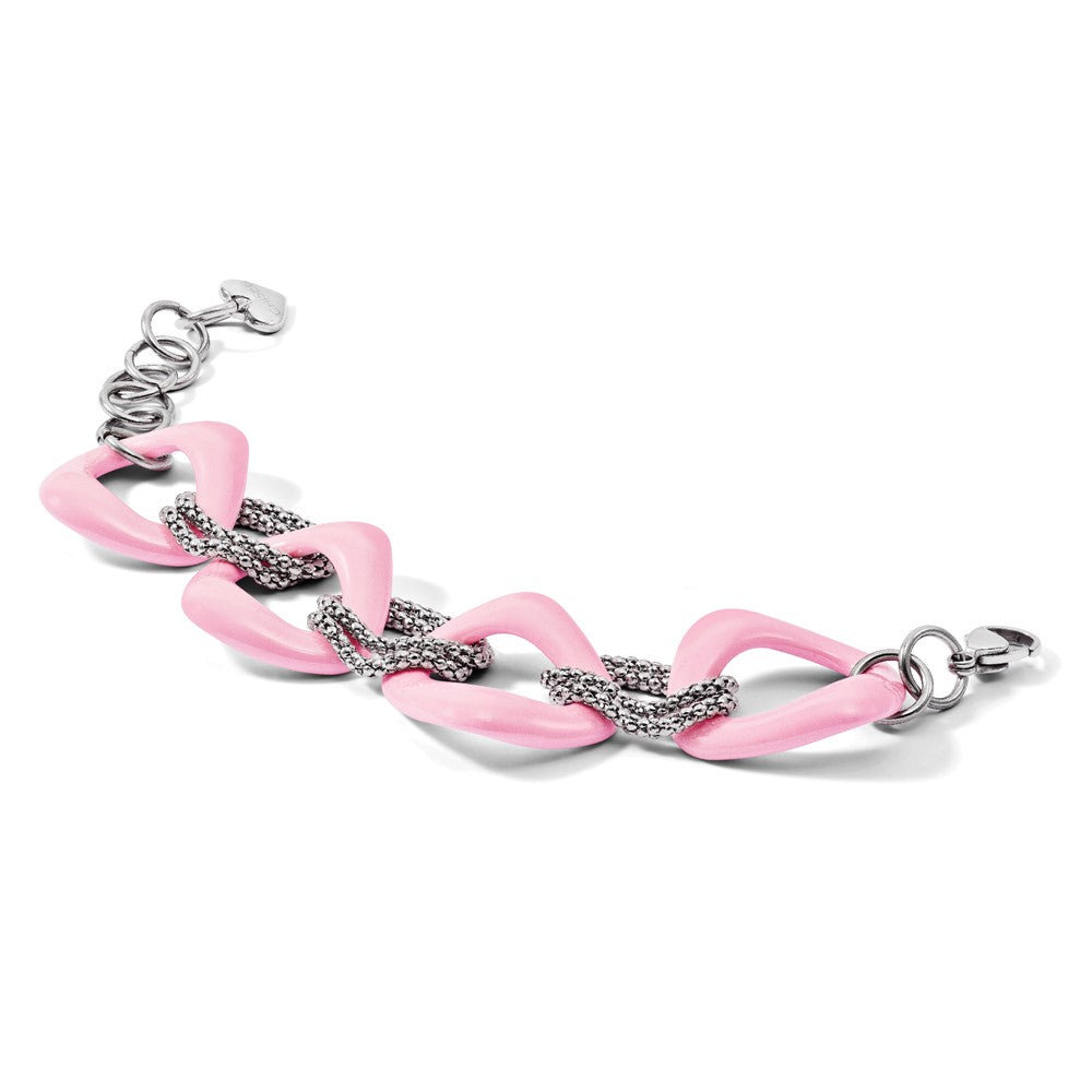 Stainless Steel Chisel Polished With Pink Ceramic 8 Inch Open Link Bracelet