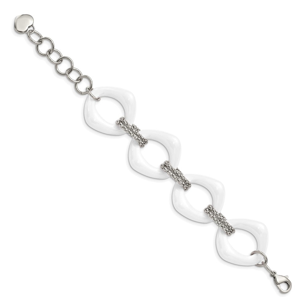 Stainless Steel Chisel Polished With White Ceramic 8 Inch Open Link Bracelet