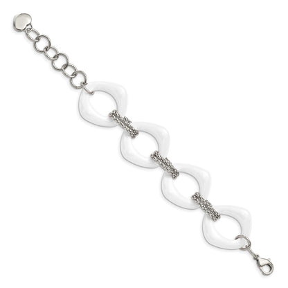 Stainless Steel Chisel Polished With White Ceramic 8 Inch Open Link Bracelet
