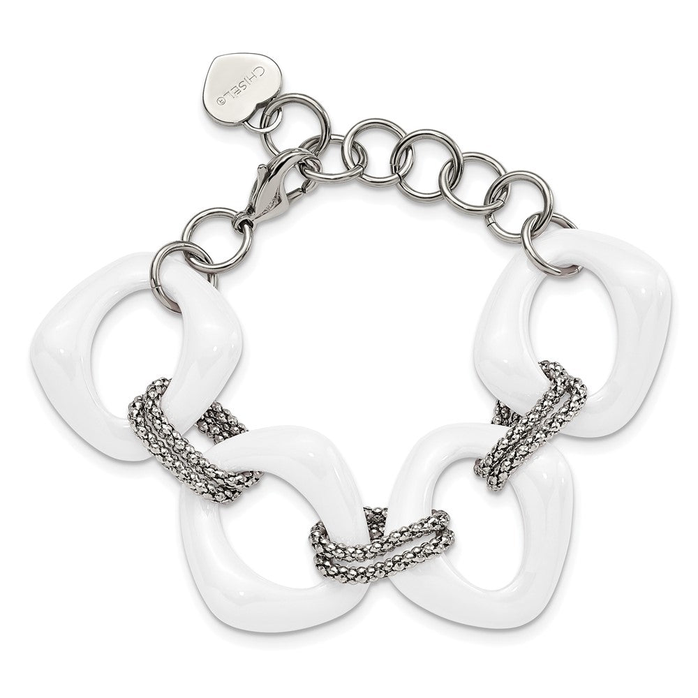 Stainless Steel Chisel Polished With White Ceramic 8 Inch Open Link Bracelet