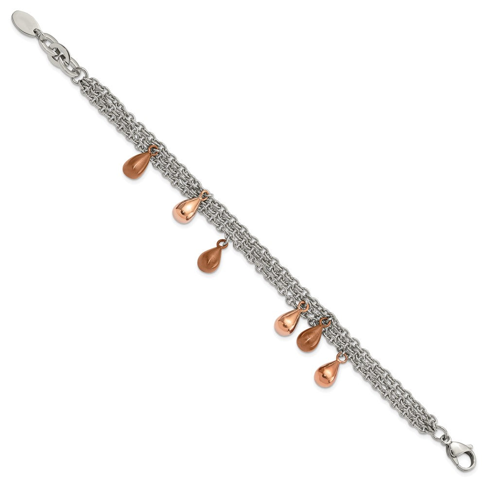 8 Inch Stainless Steel Rose & Brown Ip-Plated Teardrops Multistrand Bracelet