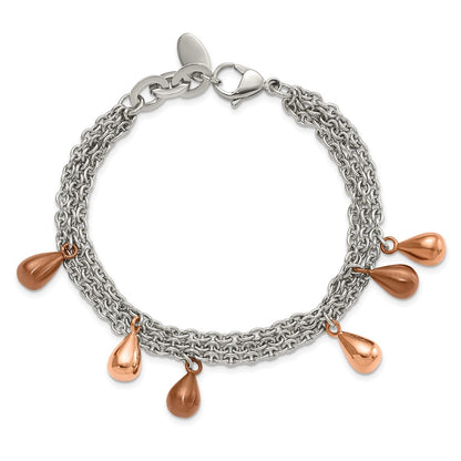 8 Inch Stainless Steel Rose & Brown Ip-Plated Teardrops Multistrand Bracelet