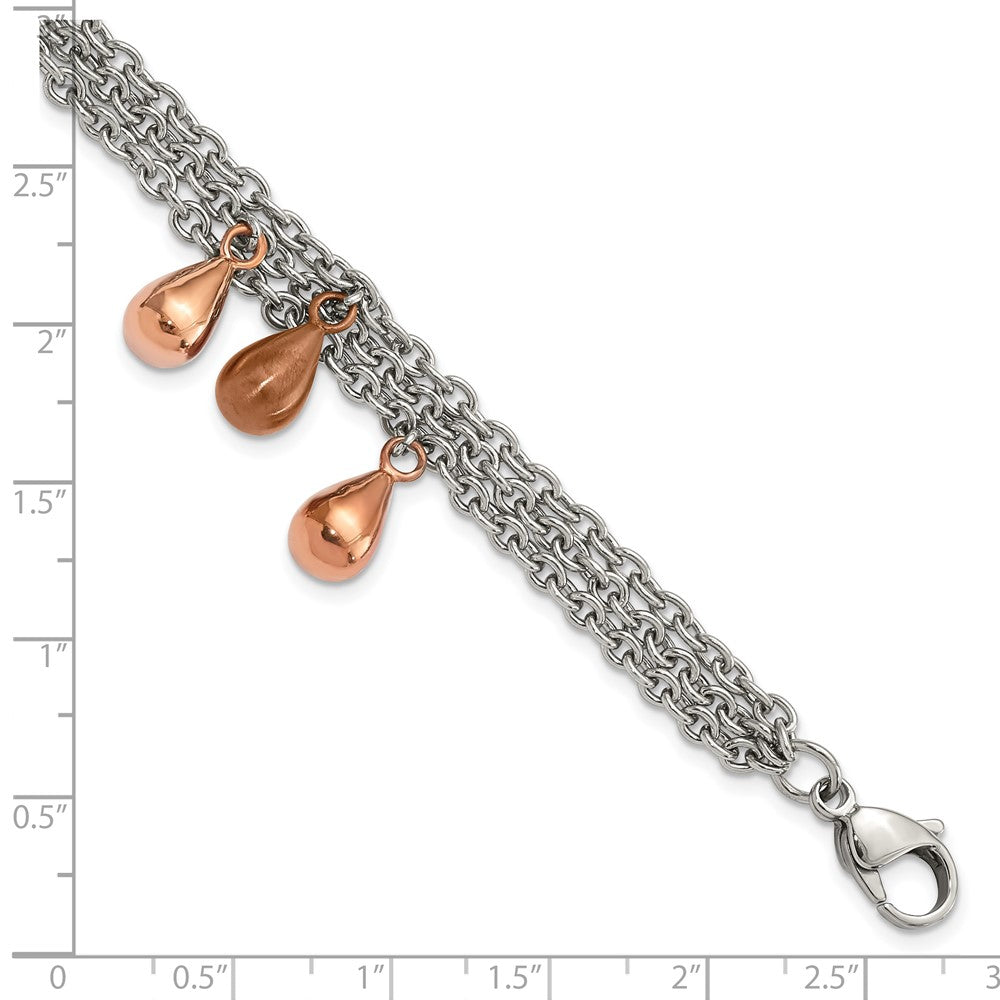 8 Inch Stainless Steel Rose & Brown Ip-Plated Teardrops Multistrand Bracelet