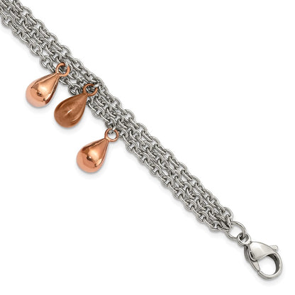 8 Inch Stainless Steel Rose & Brown Ip-Plated Teardrops Multistrand Bracelet