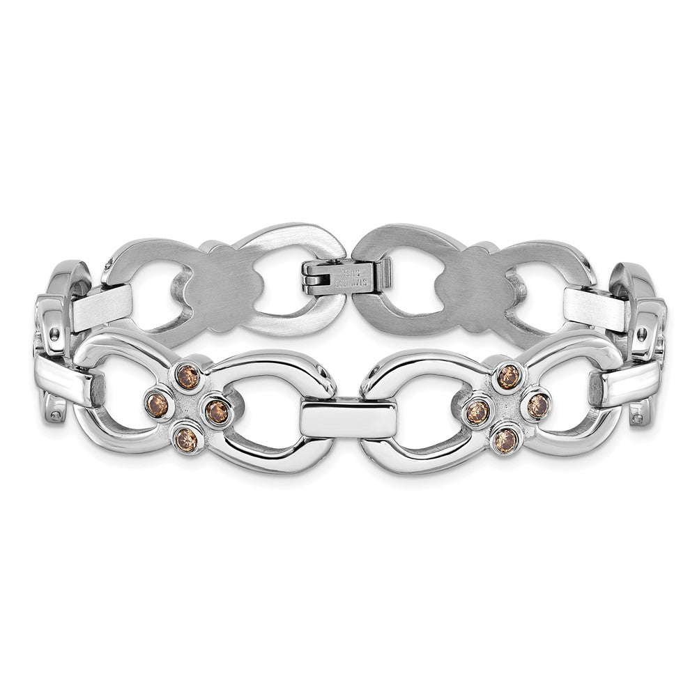 7.75 Inch Stainless Steel Polished W/ Brown Cz Fancy Link Bracelet