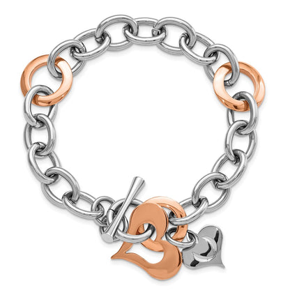 7.5 Inch Stainless Steel Rose Ip-Plated Heart Link Bracelet