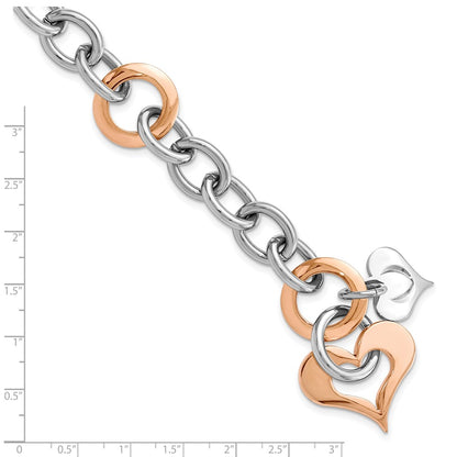 7.5 Inch Stainless Steel Rose Ip-Plated Heart Link Bracelet