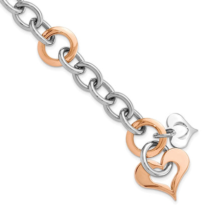 7.5 Inch Stainless Steel Rose Ip-Plated Heart Link Bracelet