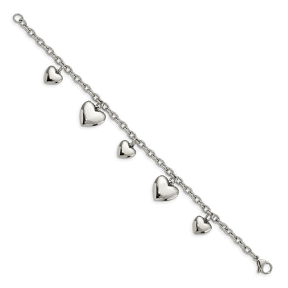 Stainless Steel Chisel Polished Hearts 8 Inch Bracelet