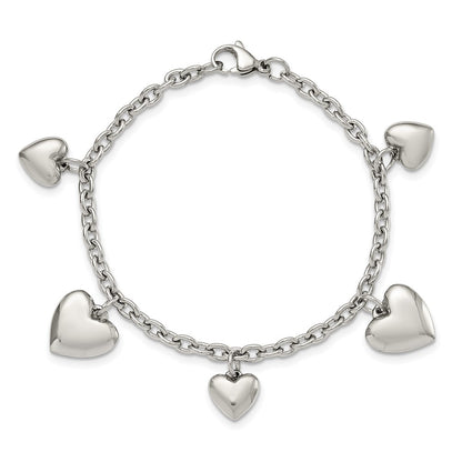 Stainless Steel Chisel Polished Hearts 8 Inch Bracelet