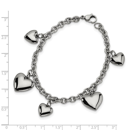 Stainless Steel Chisel Polished Hearts 8 Inch Bracelet