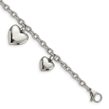 Stainless Steel Chisel Polished Hearts 8 Inch Bracelet