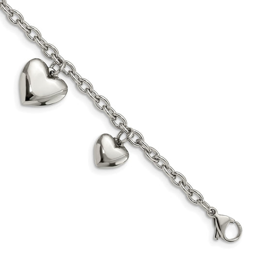 Stainless Steel Chisel Polished Hearts 8 Inch Bracelet