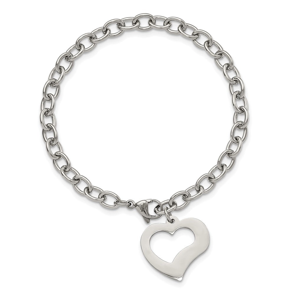 Stainless Steel Chisel Polished Open Link With Heart 8.5 Inch Bracelet