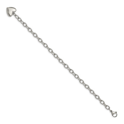 Stainless Steel Chisel Polished Open Link With Heart Dangle 8.5 Inch Bracelet