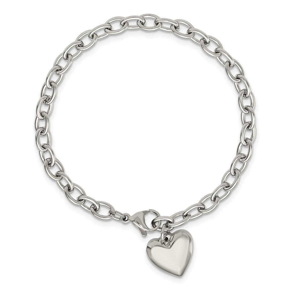 Stainless Steel Chisel Polished Open Link With Heart Dangle 8.5 Inch Bracelet