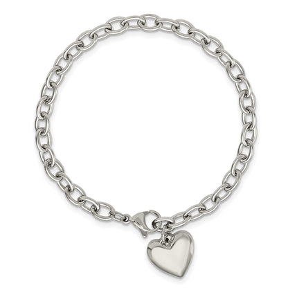 Stainless Steel Chisel Polished Open Link With Heart Dangle 8.5 Inch Bracelet