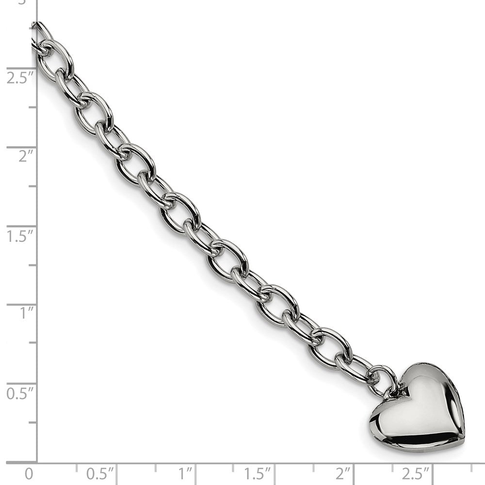 Stainless Steel Chisel Polished Open Link With Heart Dangle 8.5 Inch Bracelet