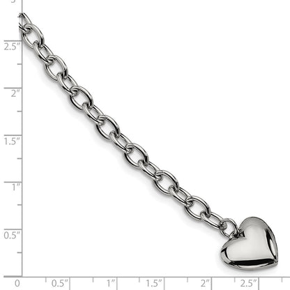 Stainless Steel Chisel Polished Open Link With Heart Dangle 8.5 Inch Bracelet
