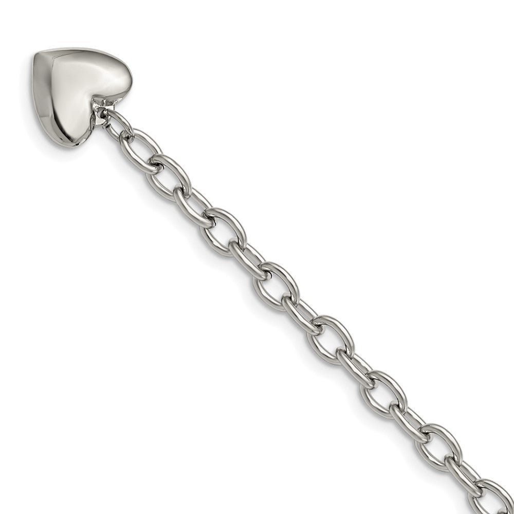 Stainless Steel Chisel Polished Open Link With Heart Dangle 8.5 Inch Bracelet