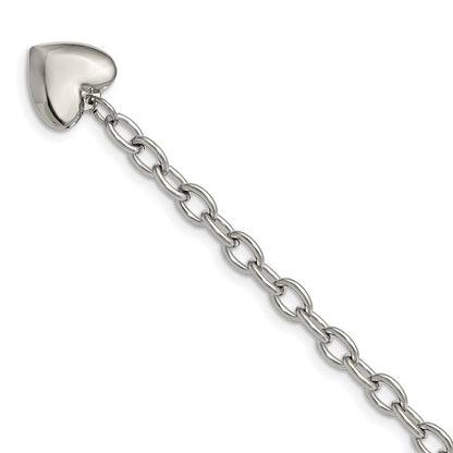 Stainless Steel Chisel Polished Open Link With Heart Dangle 8.5 Inch Bracelet
