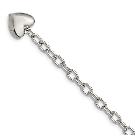 Stainless Steel Chisel Polished Open Link With Heart Dangle 8.5 Inch Bracelet