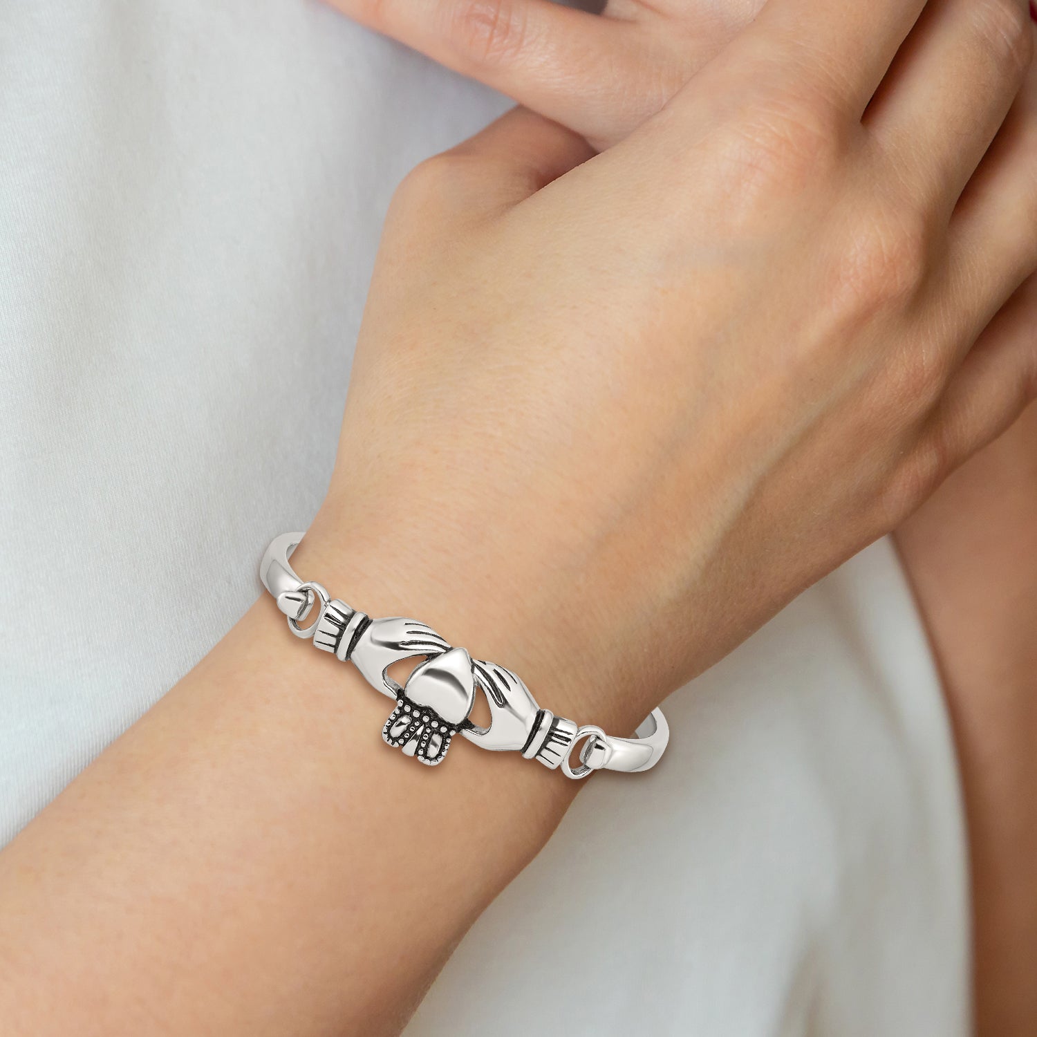 Stainless Steel Chisel Antiqued And Polished Claddagh Bangle